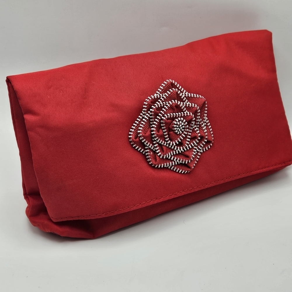 NEW Lancome Red Zipper 3D Flower Fold Over Clutch Bag Travel Cosmetic
